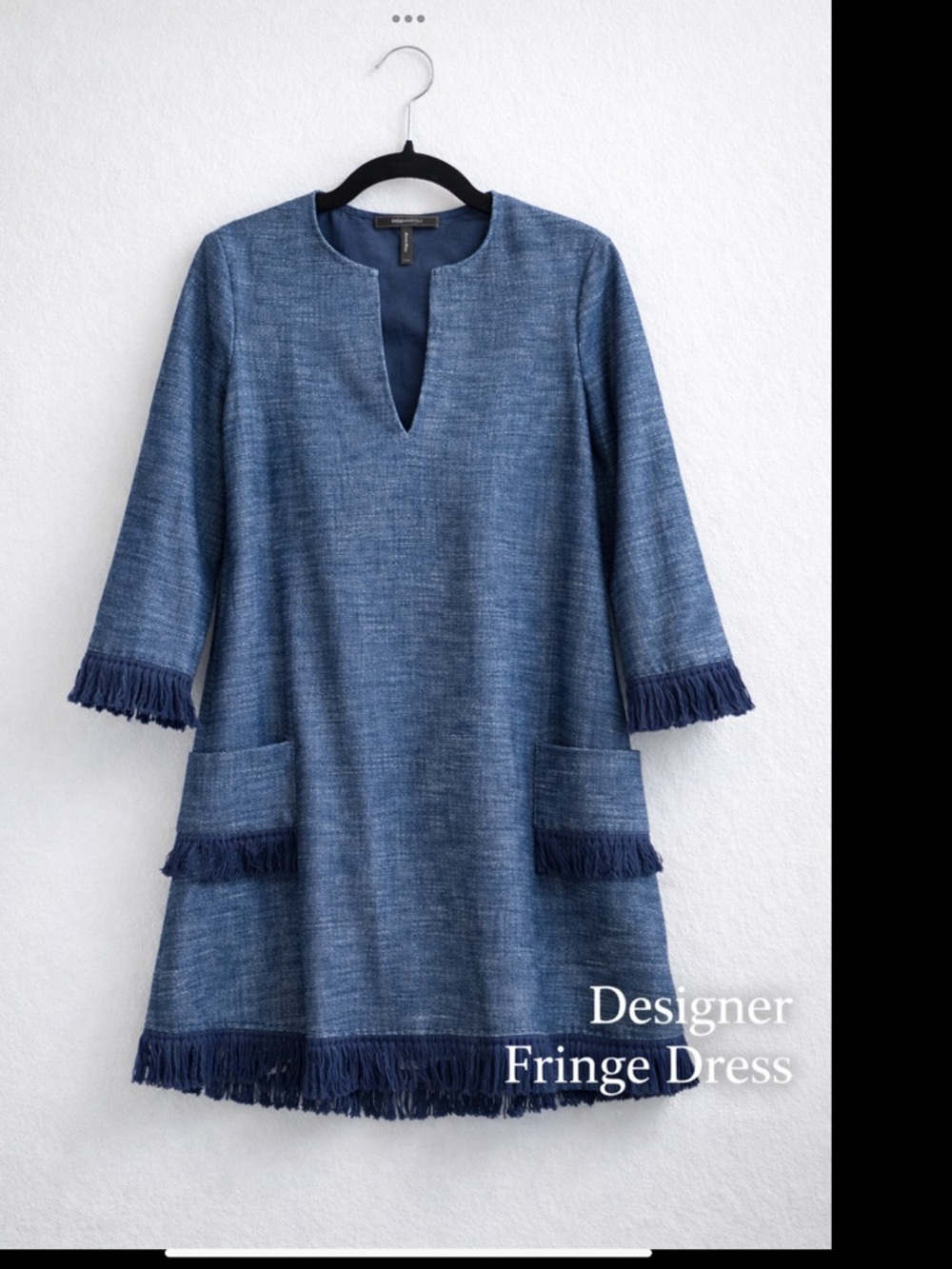 Title: BCBGMAXAZRIA Trista Denim Fringe Dress XXS Blue Chambray Designer Shift